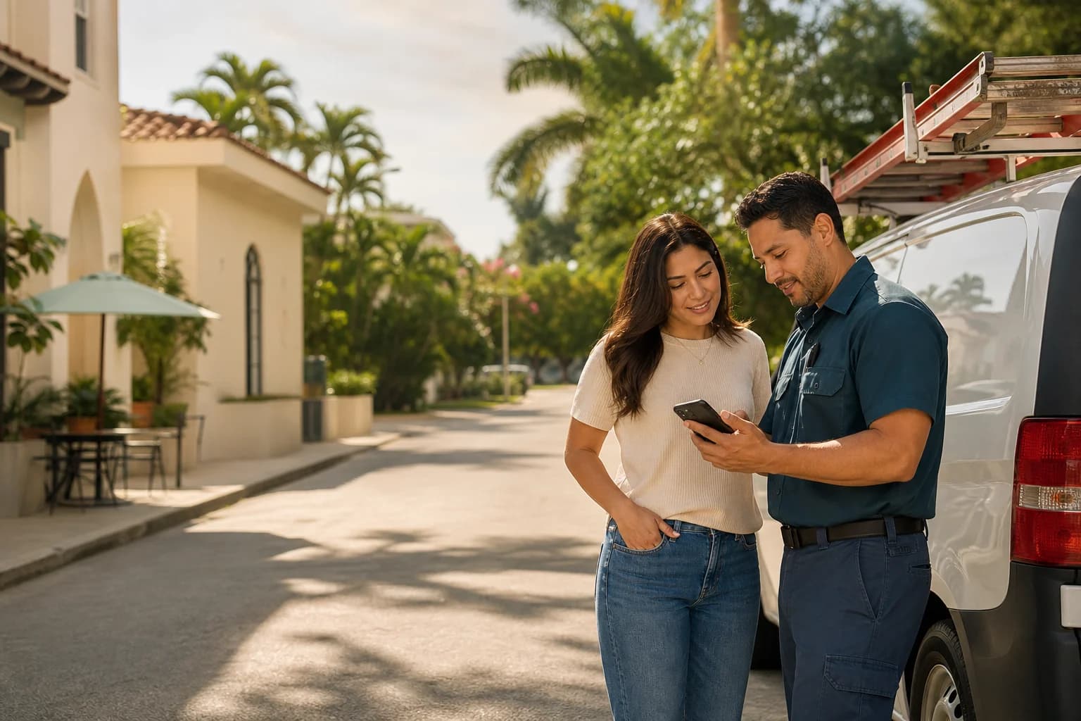 Una propietaria de Miami revisando información con un profesional local